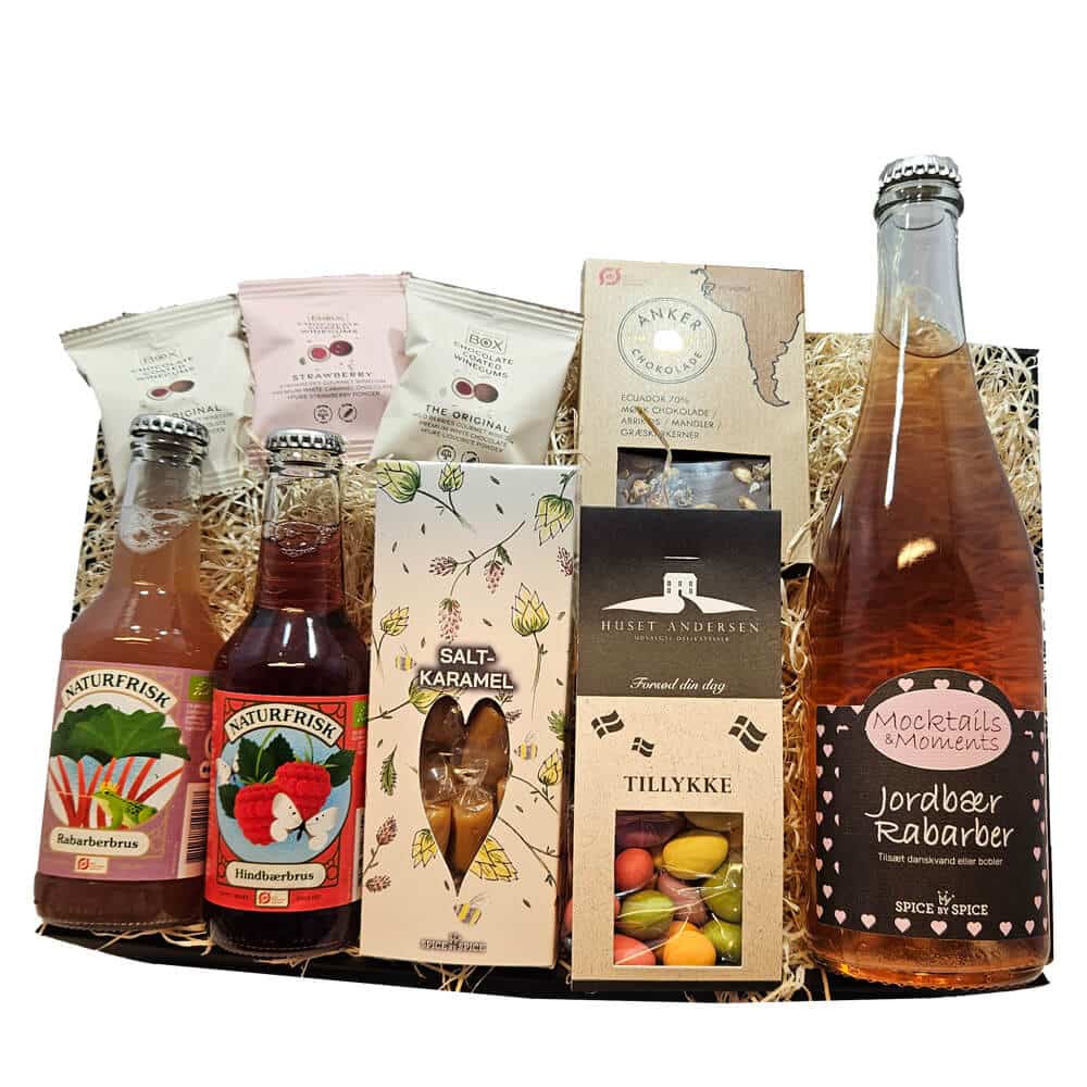 Gavekurv: Tillykke Med Jordbær Rabarber Mocktails Chokolade Brus